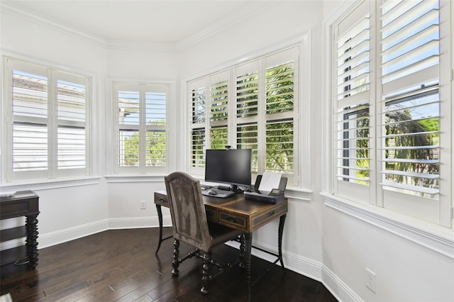 home office featuring crown molding, dark wood finished floors, and baseboards