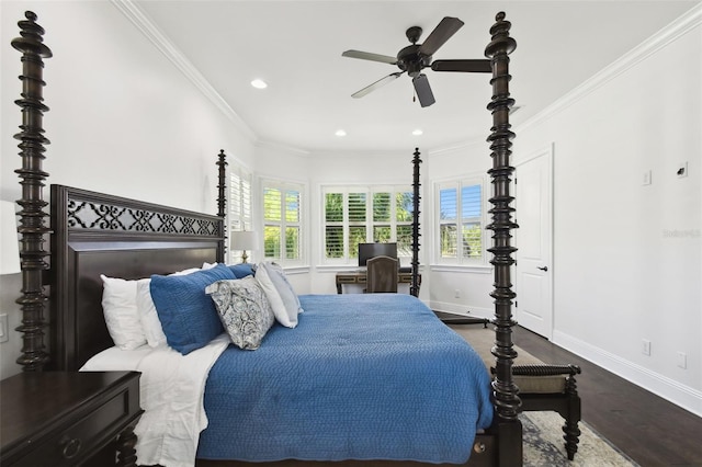 bedroom featuring baseboards, recessed lighting, wood finished floors, and ornamental molding