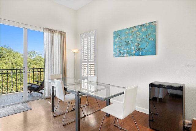 dining space with a healthy amount of sunlight, baseboards, and wood finished floors