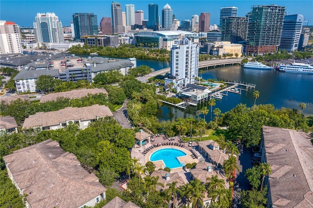 aerial view with a water view and a city view