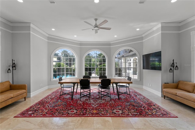 dining room featuring crown molding, recessed lighting, ceiling fan, and baseboards