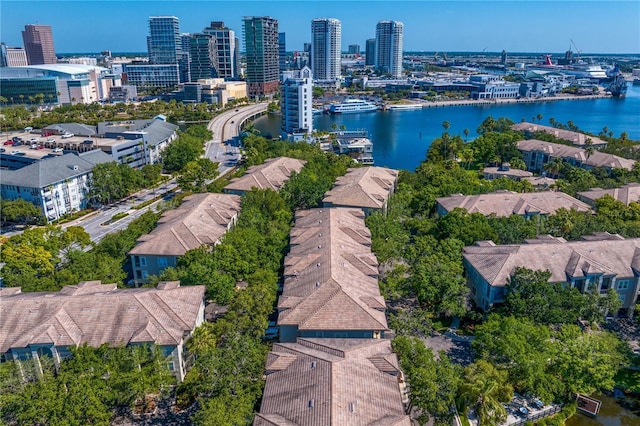 aerial view featuring a view of city and a water view