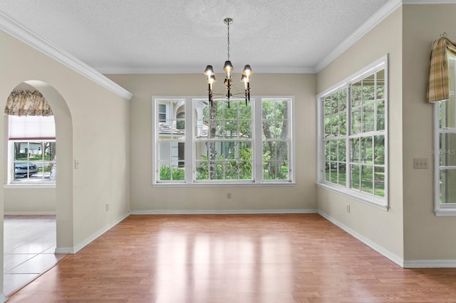 15314 Sherwood Forest Dr, Tampa, FL 33647 - unfurnished dining area with a chandelier, light wood-type flooring, plenty of natural light, arched walkways, and a textured ceiling