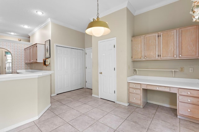 15314 Sherwood Forest Dr, Tampa, FL 33647 - kitchen with crown molding, light brown cabinetry, light tile patterned floors, light countertops, and hanging light fixtures