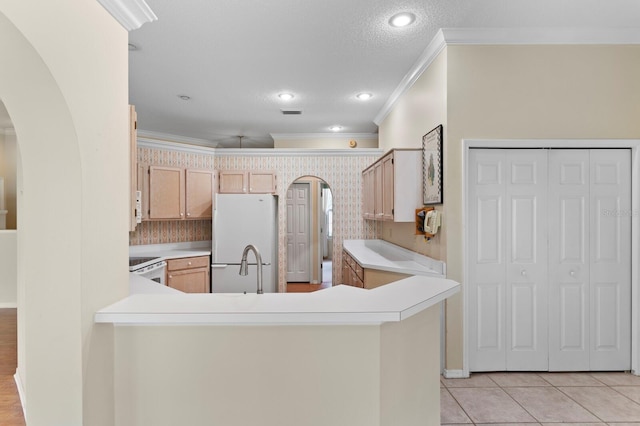 15314 Sherwood Forest Dr, Tampa, FL 33647 - kitchen with white appliances, arched walkways, ornamental molding, light countertops, and a peninsula