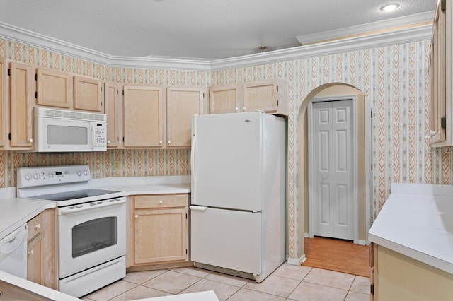 15314 Sherwood Forest Dr, Tampa, FL 33647 - kitchen featuring white appliances, light brown cabinets, light tile patterned floors, wallpapered walls, and ornamental molding