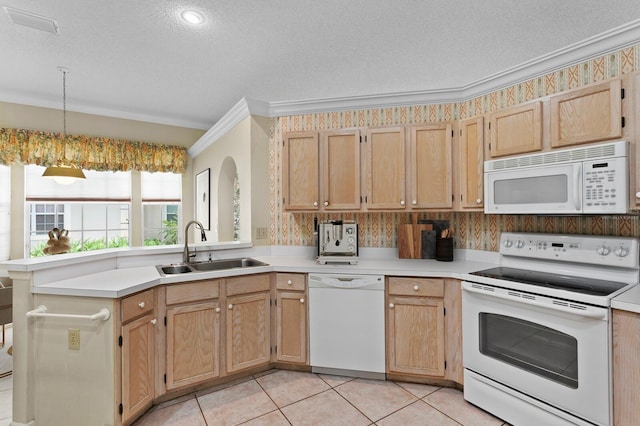 15314 Sherwood Forest Dr, Tampa, FL 33647 - kitchen featuring white appliances, a sink, a textured ceiling, a peninsula, and light countertops