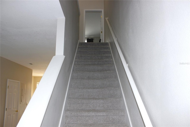 stairs featuring carpet flooring