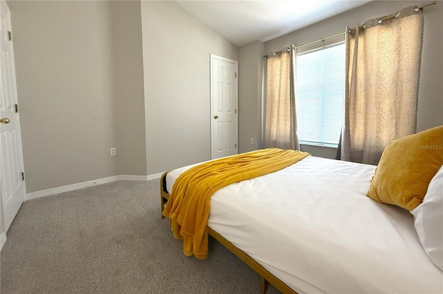 bedroom with lofted ceiling, baseboards, and carpet floors