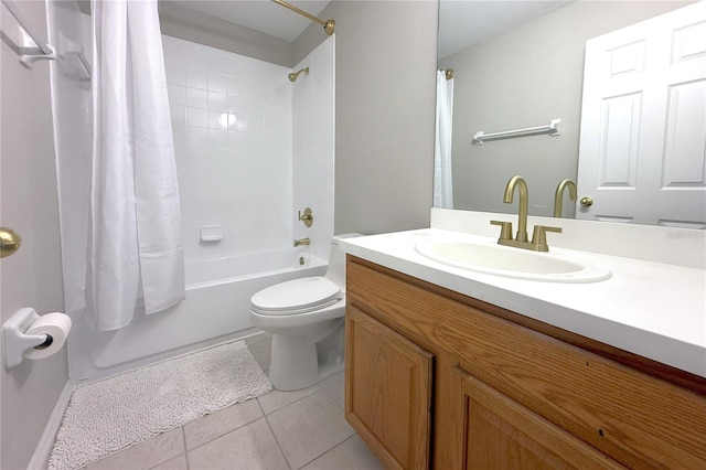 full bathroom with toilet, vanity, shower / bath combination with curtain, and tile patterned flooring