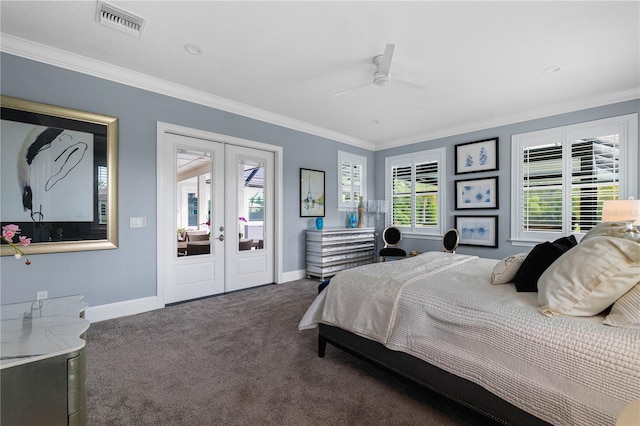 17305 Ballmont Park Dr, Odessa, FL 33556 - carpeted bedroom featuring ornamental molding, french doors, visible vents, and baseboards