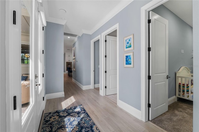 17305 Ballmont Park Dr, Odessa, FL 33556 - corridor featuring light wood-style floors, a healthy amount of sunlight, crown molding, and baseboards