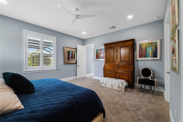 17305 Ballmont Park Dr, Odessa, FL 33556 - bedroom featuring recessed lighting, a ceiling fan, visible vents, baseboards, and light colored carpet