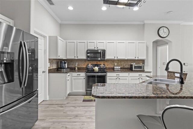 9723 Rolling Cir, San Antonio, FL 33576 - kitchen featuring decorative backsplash, stainless steel appliances, ornamental molding, and a sink