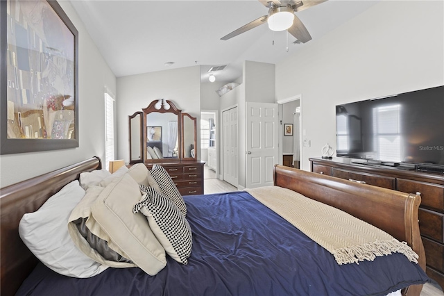 9723 Rolling Cir, San Antonio, FL 33576 - bedroom with connected bathroom, high vaulted ceiling, a ceiling fan, visible vents, and a closet