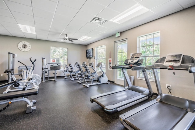 9723 Rolling Cir, San Antonio, FL 33576 - exercise room featuring a ceiling fan, visible vents, plenty of natural light, and a drop ceiling
