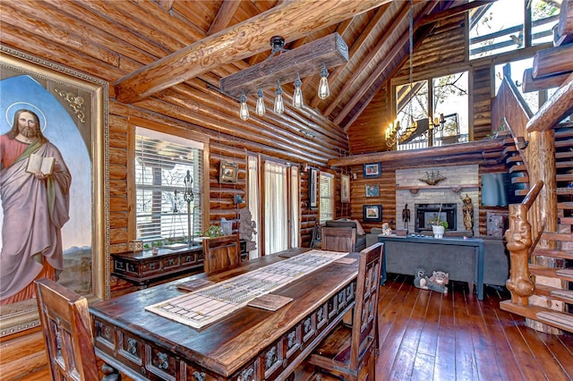4126 Burrows Rd, Zephyrhills, FL 33542 - dining area with hardwood / wood-style floors, wooden ceiling, rustic walls, and a wealth of natural light