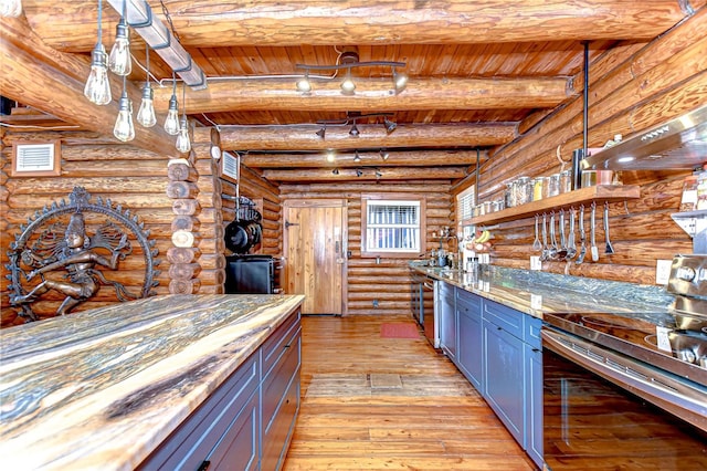 4126 Burrows Rd, Zephyrhills, FL 33542 - kitchen featuring beamed ceiling, light wood-style flooring, electric range, wood ceiling, and log walls