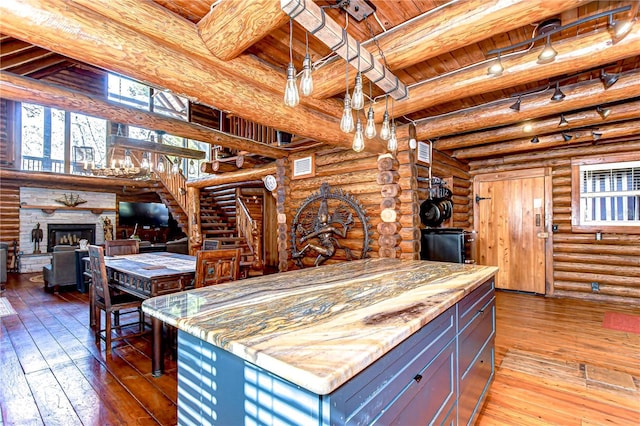 4126 Burrows Rd, Zephyrhills, FL 33542 - kitchen with hardwood / wood-style floors, beam ceiling, log walls, and wood ceiling