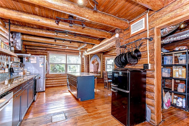 4126 Burrows Rd, Zephyrhills, FL 33542 - kitchen featuring wood ceiling, freestanding refrigerator, beam ceiling, dishwasher, and light wood finished floors