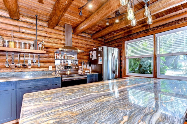 4126 Burrows Rd, Zephyrhills, FL 33542 - kitchen with wood ceiling, rustic walls, appliances with stainless steel finishes, beam ceiling, and range hood