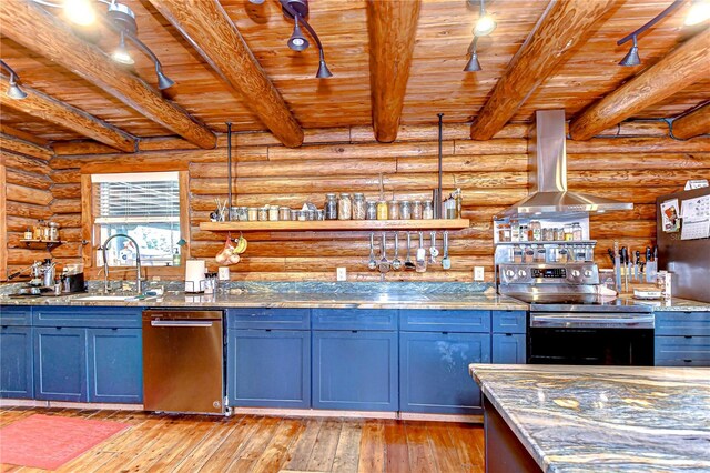 4126 Burrows Rd, Zephyrhills, FL 33542 - kitchen featuring blue cabinets, wooden ceiling, light stone counters, appliances with stainless steel finishes, and island exhaust hood