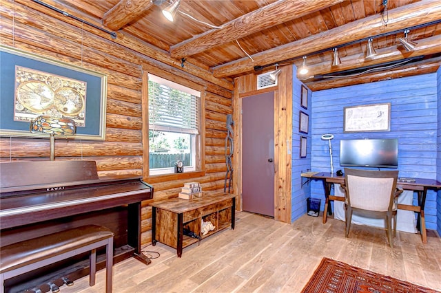 4126 Burrows Rd, Zephyrhills, FL 33542 - living area with beam ceiling, visible vents, hardwood / wood-style floors, and wood ceiling