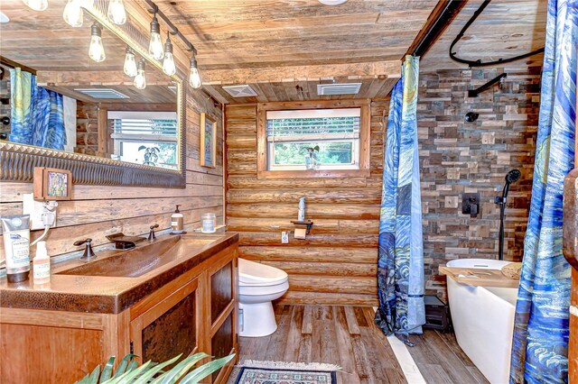 4126 Burrows Rd, Zephyrhills, FL 33542 - bathroom featuring wood ceiling, log walls, visible vents, toilet, and wood finished floors