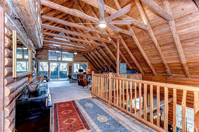 4126 Burrows Rd, Zephyrhills, FL 33542 - hall featuring wood ceiling, log walls, and lofted ceiling with beams