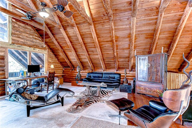 4126 Burrows Rd, Zephyrhills, FL 33542 - living area with rustic walls, lofted ceiling with beams, and wood ceiling