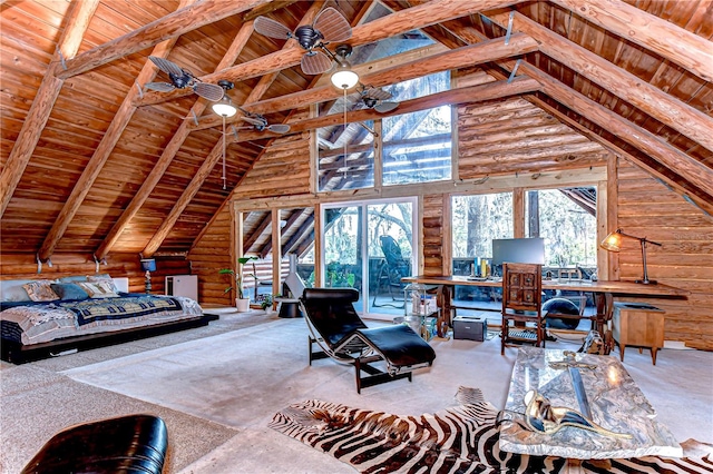 4126 Burrows Rd, Zephyrhills, FL 33542 - carpeted bedroom featuring high vaulted ceiling, beamed ceiling, and wooden ceiling