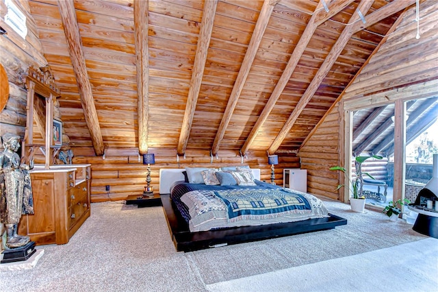 4126 Burrows Rd, Zephyrhills, FL 33542 - bedroom with wooden ceiling, vaulted ceiling with beams, carpet, and log walls