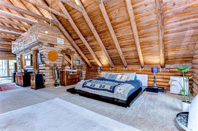 4126 Burrows Rd, Zephyrhills, FL 33542 - carpeted bedroom with wood ceiling, visible vents, and rustic walls