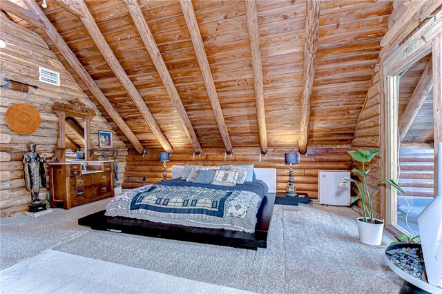 4126 Burrows Rd, Zephyrhills, FL 33542 - carpeted bedroom with wooden ceiling, beamed ceiling, and log walls