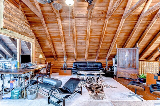 4126 Burrows Rd, Zephyrhills, FL 33542 - office space with lofted ceiling with beams, wood finished floors, log walls, and wood ceiling