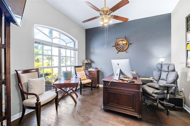 office featuring baseboards, wood finished floors, and a ceiling fan