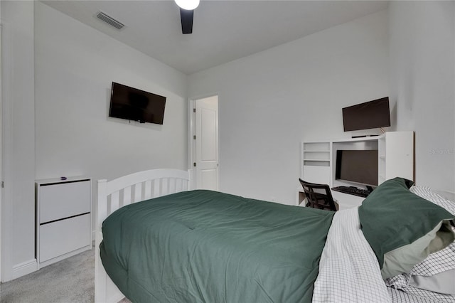 bedroom featuring ceiling fan, carpet, and visible vents
