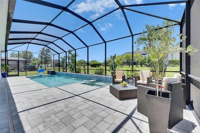 outdoor pool featuring a patio area, a lanai, and an outdoor hangout area