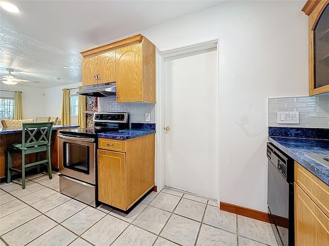 5100 Aragon Way S, Saint Petersburg, FL 33705 - kitchen featuring dark countertops, black dishwasher, electric range, under cabinet range hood, and decorative backsplash