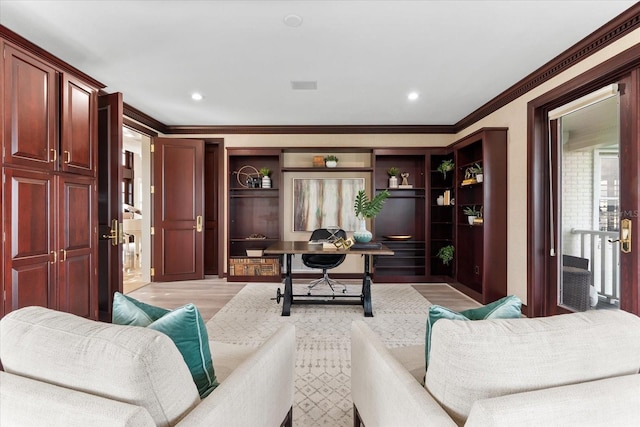 429 St Andrews Dr, Belleair, FL 33756 - living room featuring ornamental molding, light wood finished floors, and recessed lighting