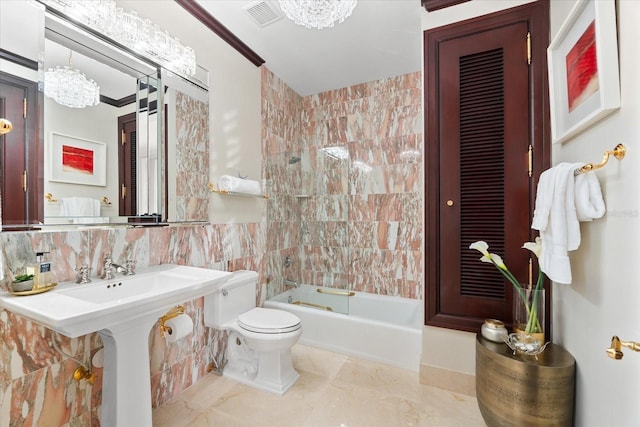 429 St Andrews Dr, Belleair, FL 33756 - full bath with tile walls, a chandelier, toilet, shower / bath combination, and crown molding