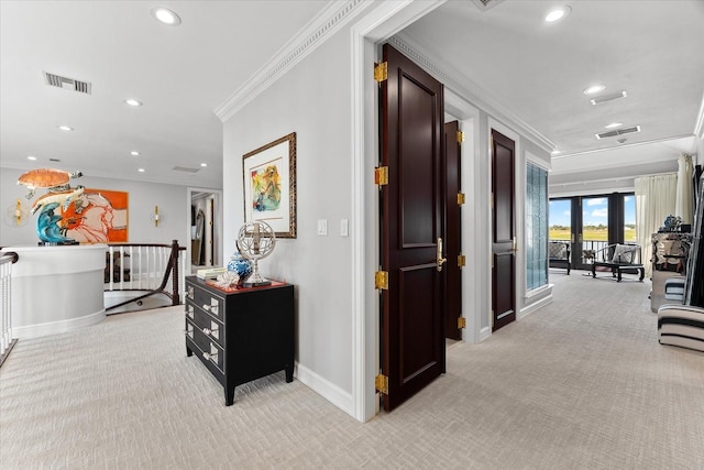 429 St Andrews Dr, Belleair, FL 33756 - hallway with crown molding, light colored carpet, recessed lighting, and baseboards