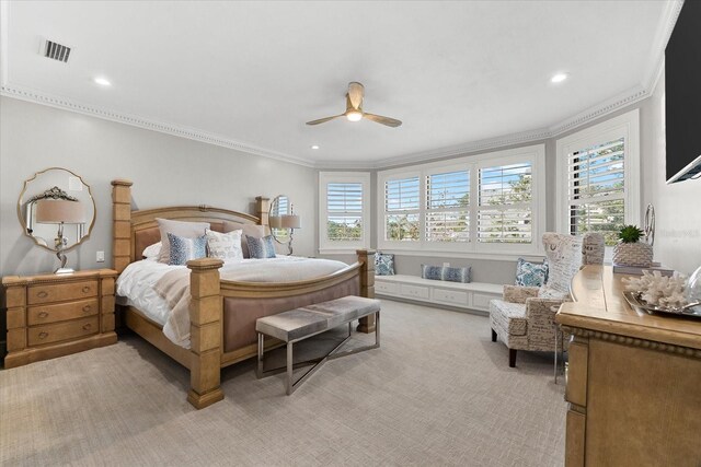429 St Andrews Dr, Belleair, FL 33756 - bedroom featuring crown molding, light carpet, a ceiling fan, and recessed lighting