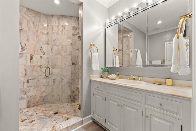 429 St Andrews Dr, Belleair, FL 33756 - full bath featuring a stall shower, crown molding, vanity, and recessed lighting