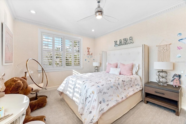 429 St Andrews Dr, Belleair, FL 33756 - bedroom featuring carpet flooring, crown molding, baseboards, and ceiling fan