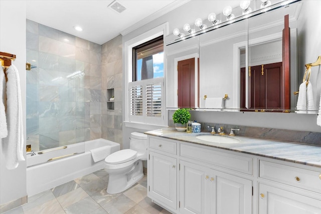 429 St Andrews Dr, Belleair, FL 33756 - bathroom with vanity, toilet, shower / bath combination, and crown molding