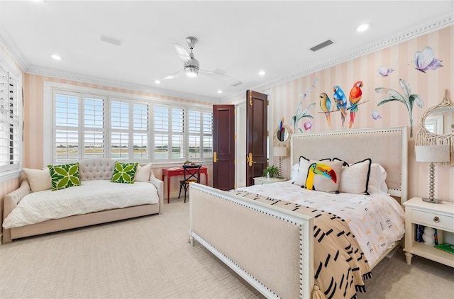 429 St Andrews Dr, Belleair, FL 33756 - bedroom with ornamental molding, multiple windows, a ceiling fan, carpet, and recessed lighting