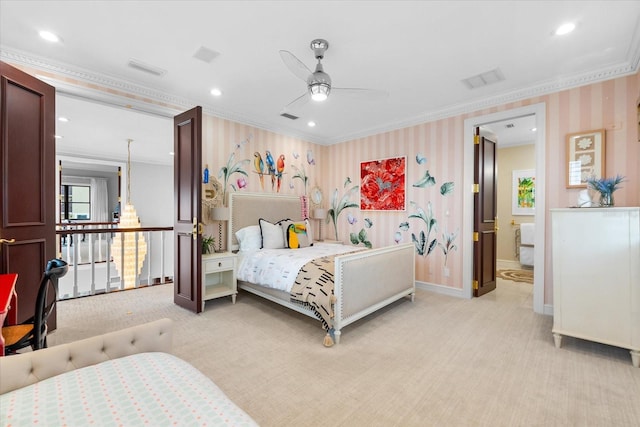 429 St Andrews Dr, Belleair, FL 33756 - bedroom with ornamental molding, light colored carpet, wallpapered walls, recessed lighting, and baseboards