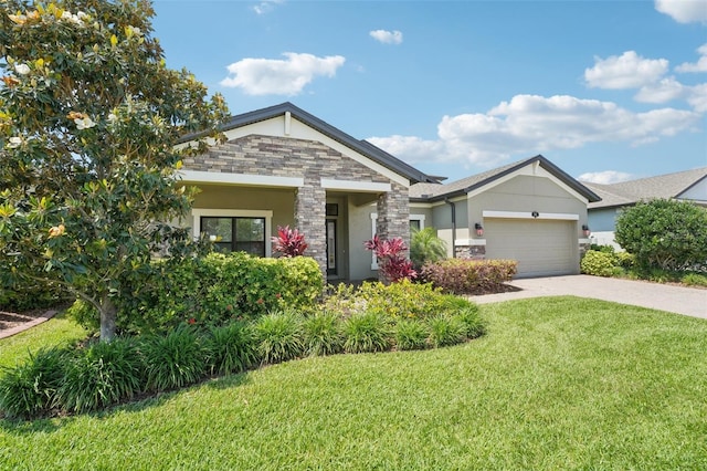 1741 Cherry Walk Rd, Lutz, FL 33558 - craftsman-style house with stucco siding, driveway, stone siding, a front yard, and an attached garage