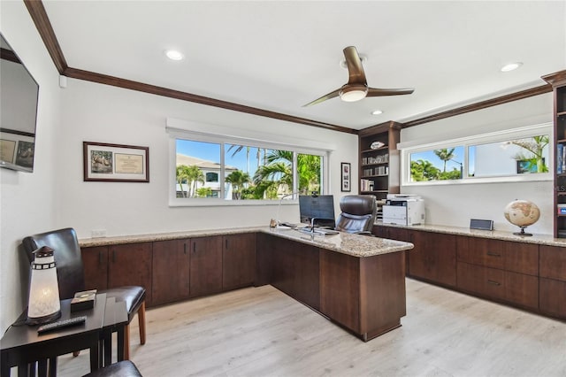 2233 Donato Dr, Belleair Beach, FL 33786 - office with crown molding, light wood-style floors, ceiling fan, and recessed lighting